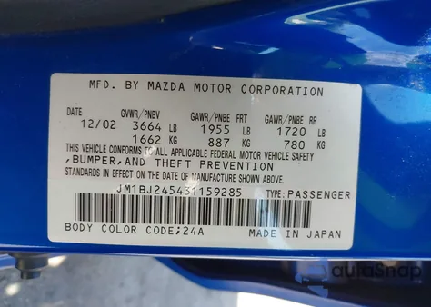 2003 Mazda Protege5 from USA, damaged, VIN JM1BJ245431159285